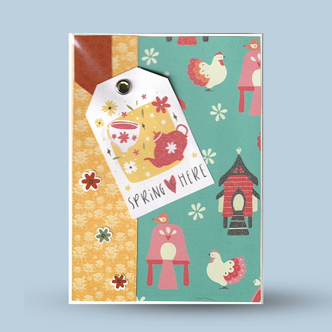 Greeting card A6: "Spring is here", hens