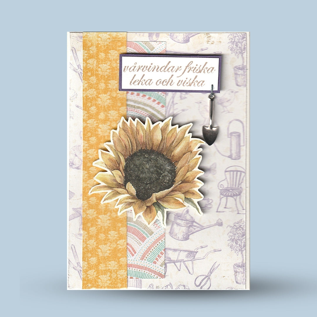 A6 greeting card: "Fresh spring winds...", sunflower