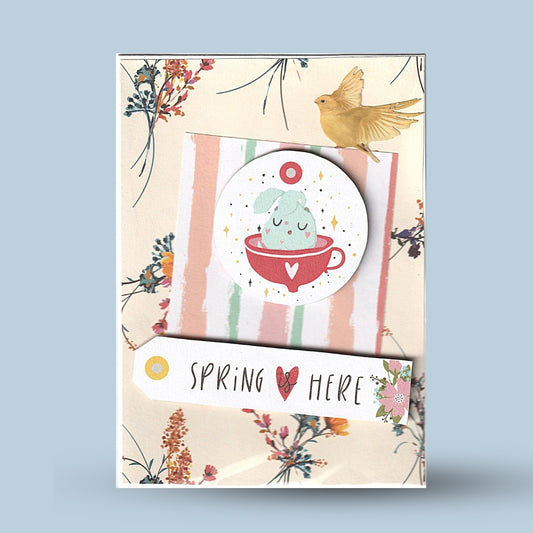 Greetings card A6: "Spring is here", rabbit
