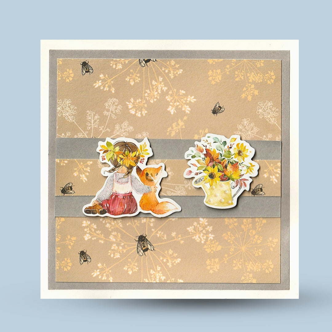 Greeting card 15x15: Autumn, girl, fox