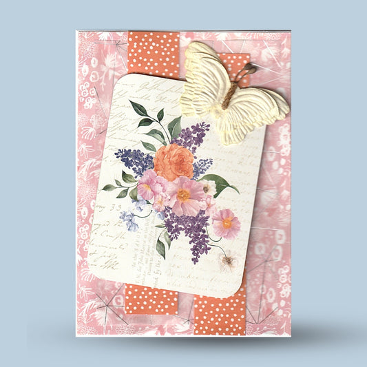 Greeting card A6: Flower and butterfly, pink